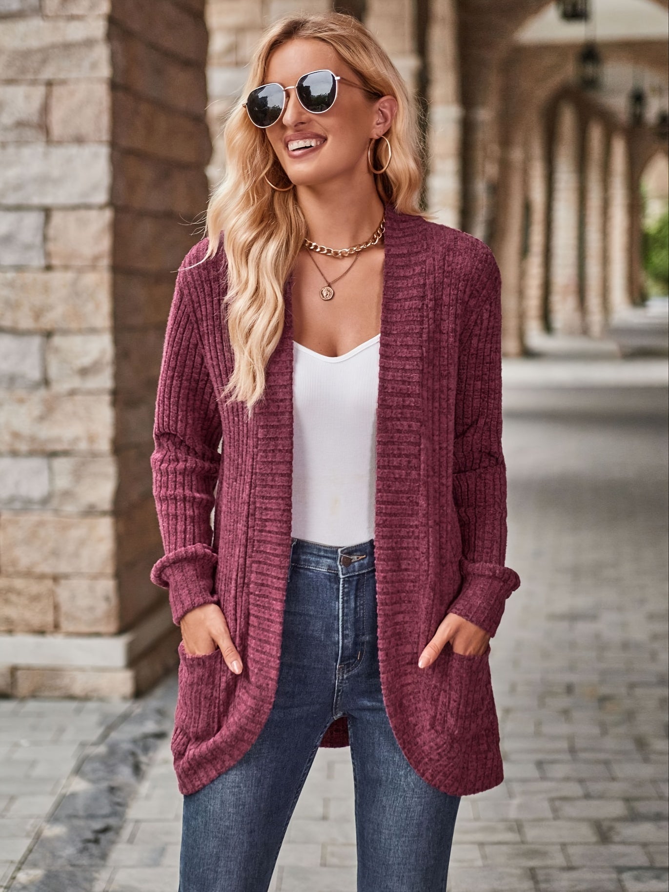R&B | Damen Gerippter Offener Vorderseite Strickjacke Lange Ärmeln Lässig Strickpullover mit Taschen