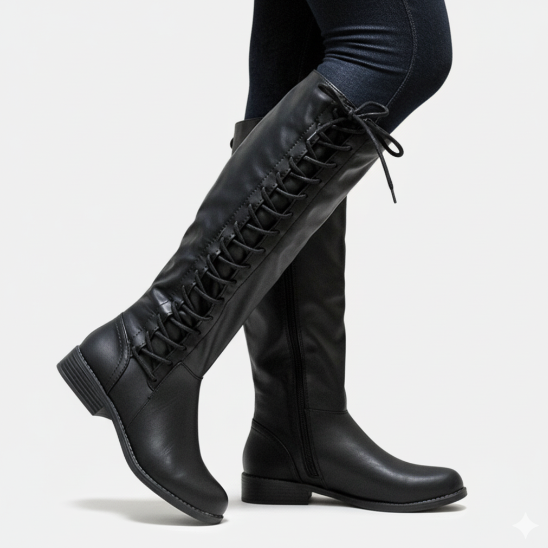 R&B | Knielange Stiefel Kunstleder Kreuzschnürung Seitlicher Reißverschluss Niedriger Absatz