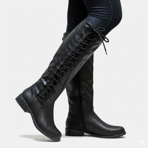 R&B | Knielange Stiefel Kunstleder Kreuzschnürung Seitlicher Reißverschluss Niedriger Absatz