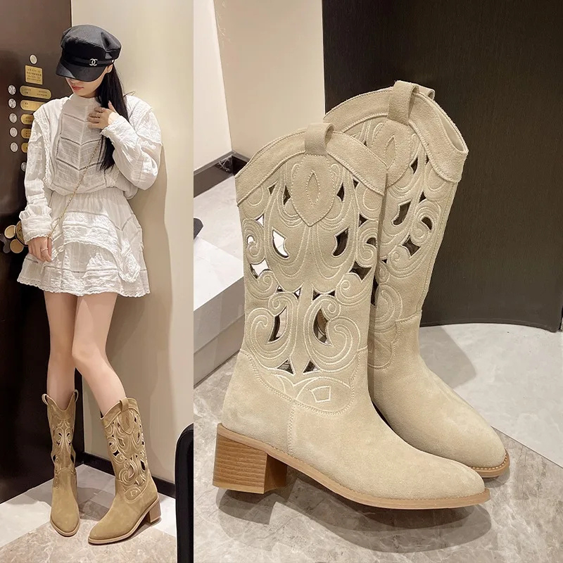 R&B | Stylische Wildleder Western Cowboy Stiefel mit Ausschnitten