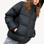 R&B | Damen Schwarze Kapuzen-Puffermantel Winter Polyester Jacke