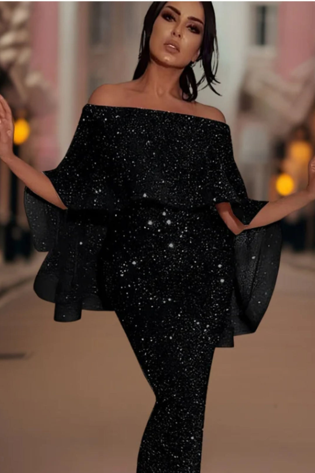 R&B | Off-Shoulder Glitzer Maxi Kleid