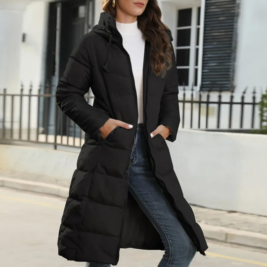 R&B | Langer Winter-Daunenmantel mit Kapuze und Gürtel für Frauen Ideal für den Winter