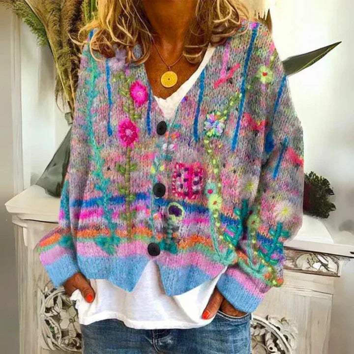 R&B | Damen Knopf Blumen Cardigan aus Daunen Warm