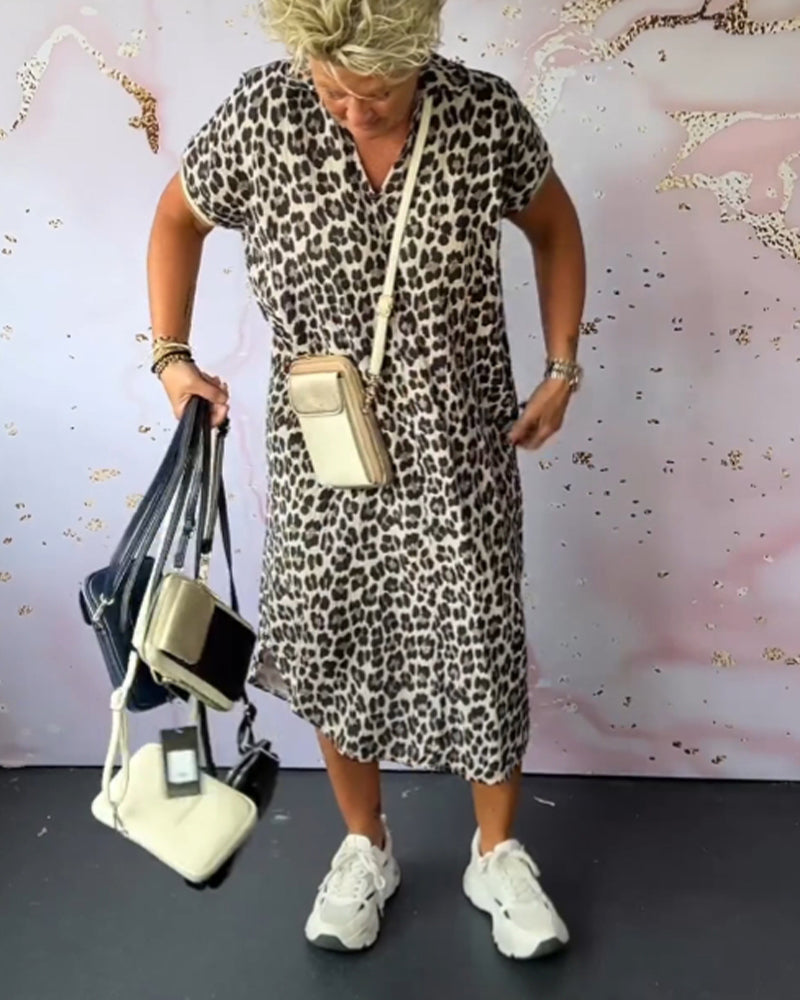 R&B | Entspanntes Kleid mit V-Ausschnitt und Leopardenmuster für Damen