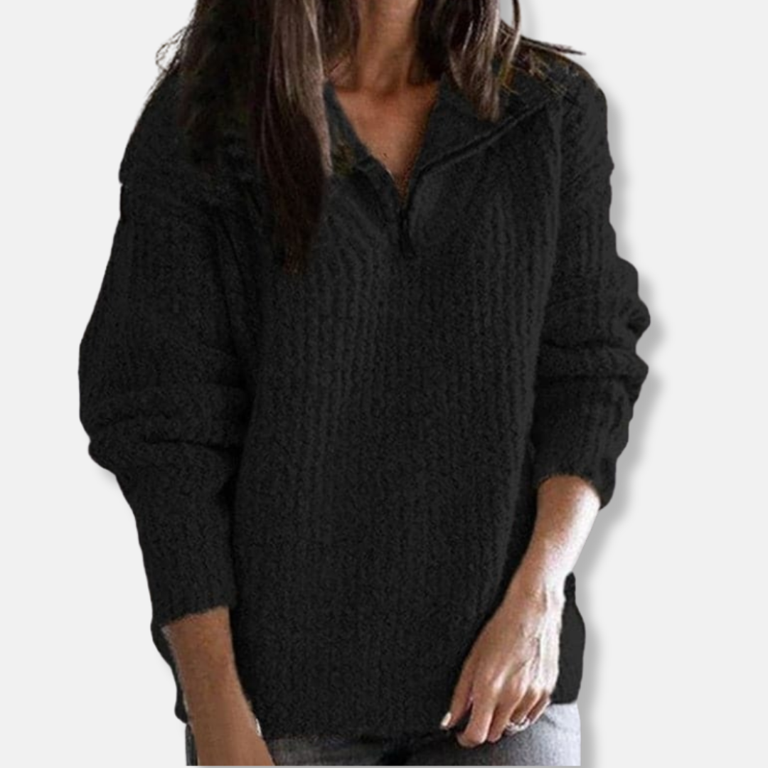 R&B | Geripptes Halb-Reißverschluss-Kragenpullover Solider Lässiger Schnitt Pullover