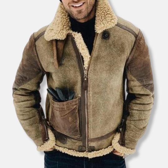 R&B | Wildleder Aviatorjacke mit Schaffell Gefütterte Kragenjacke