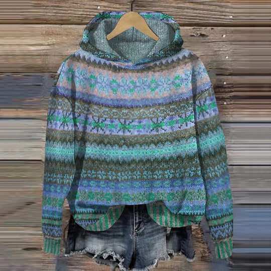 R&B | Damen Strickhoodie mit norwegischem Muster und Kapuze