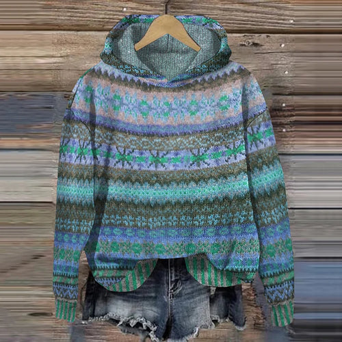 R&B | Damen Strickhoodie mit norwegischem Muster und Kapuze
