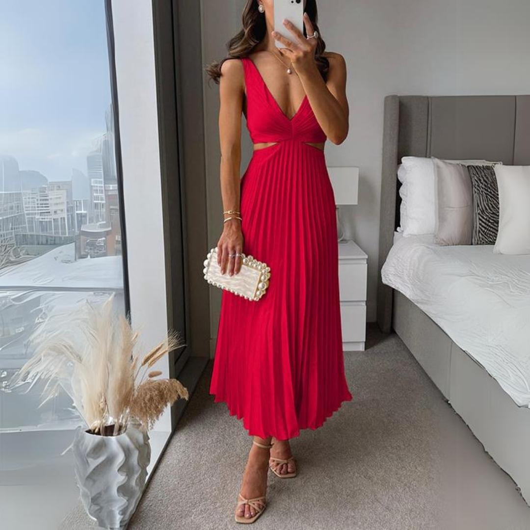 R&B | Midi Kleid Ärmellos V-Ausschnitt Twist Front & Cut Out Detail Plissierter Rock