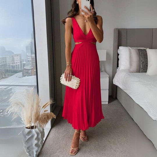 R&B | Midi Kleid Ärmellos V-Ausschnitt Twist Front & Cut Out Detail Plissierter Rock
