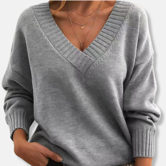 R&B | Wolle V-Ausschnitt Pullover Lockere Passform Rippdetails Pullover