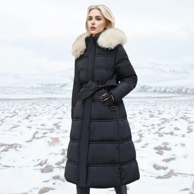 R&B | Slim Fit Überknielange Jacke mit Pelzkragen und Gürtel