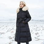 R&B | Slim Fit Überknielange Jacke mit Pelzkragen und Gürtel