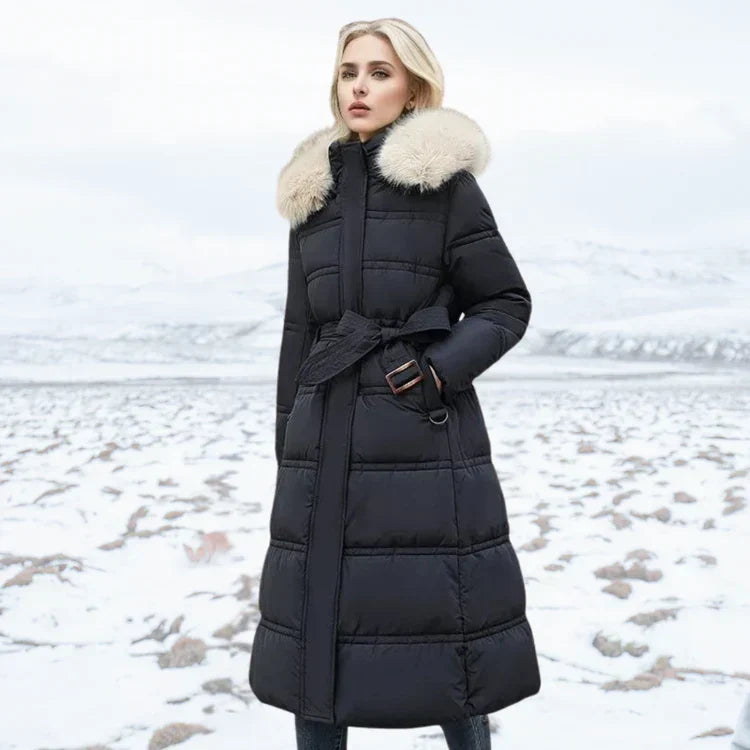 R&B | Slim Fit Überknielange Jacke mit Pelzkragen und Gürtel