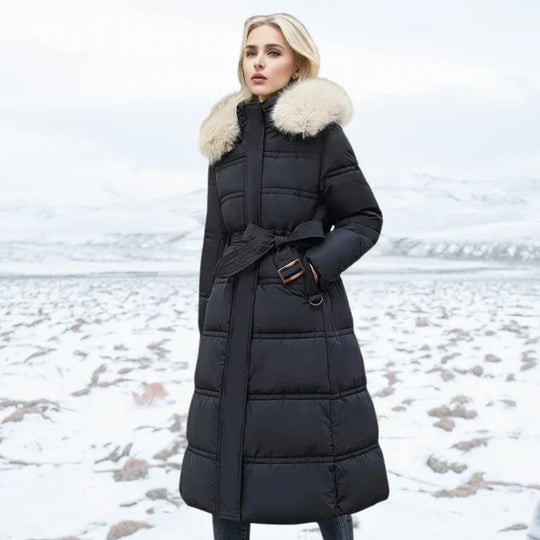 R&B | Slim Fit Überknielange Jacke mit Pelzkragen und Gürtel