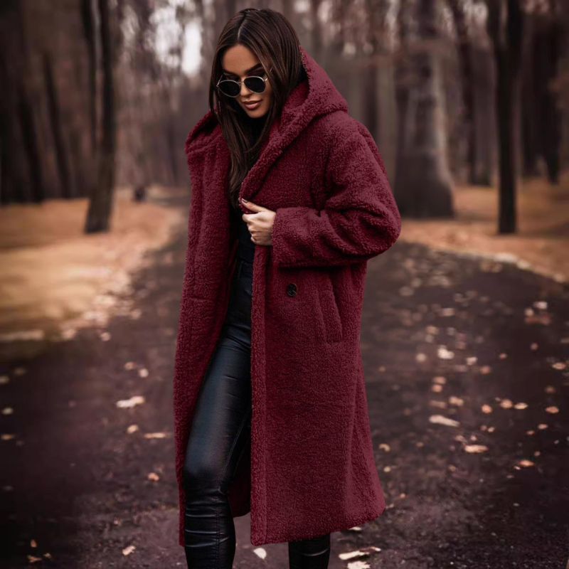 R&B | Langer Damen-Teddy-Mantel mit Kapuze