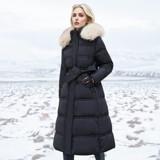 R&B | Lange Winterjacke - Puffer-Design - Kunstfellkapuze - Taillierter Gürtel - Warm und Isolierend
