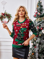 R&B | Rundhalsausschnitt Bestickter Pullover – Weihnachtsbaum & Dinosaurier