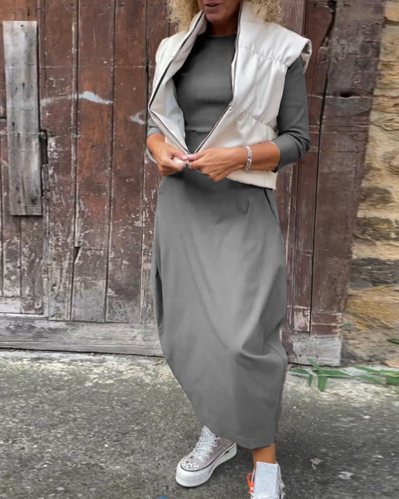 R&B | Schlichtes Einfarbiges Elegantes Kleid mit Langen Ärmeln und Tasche