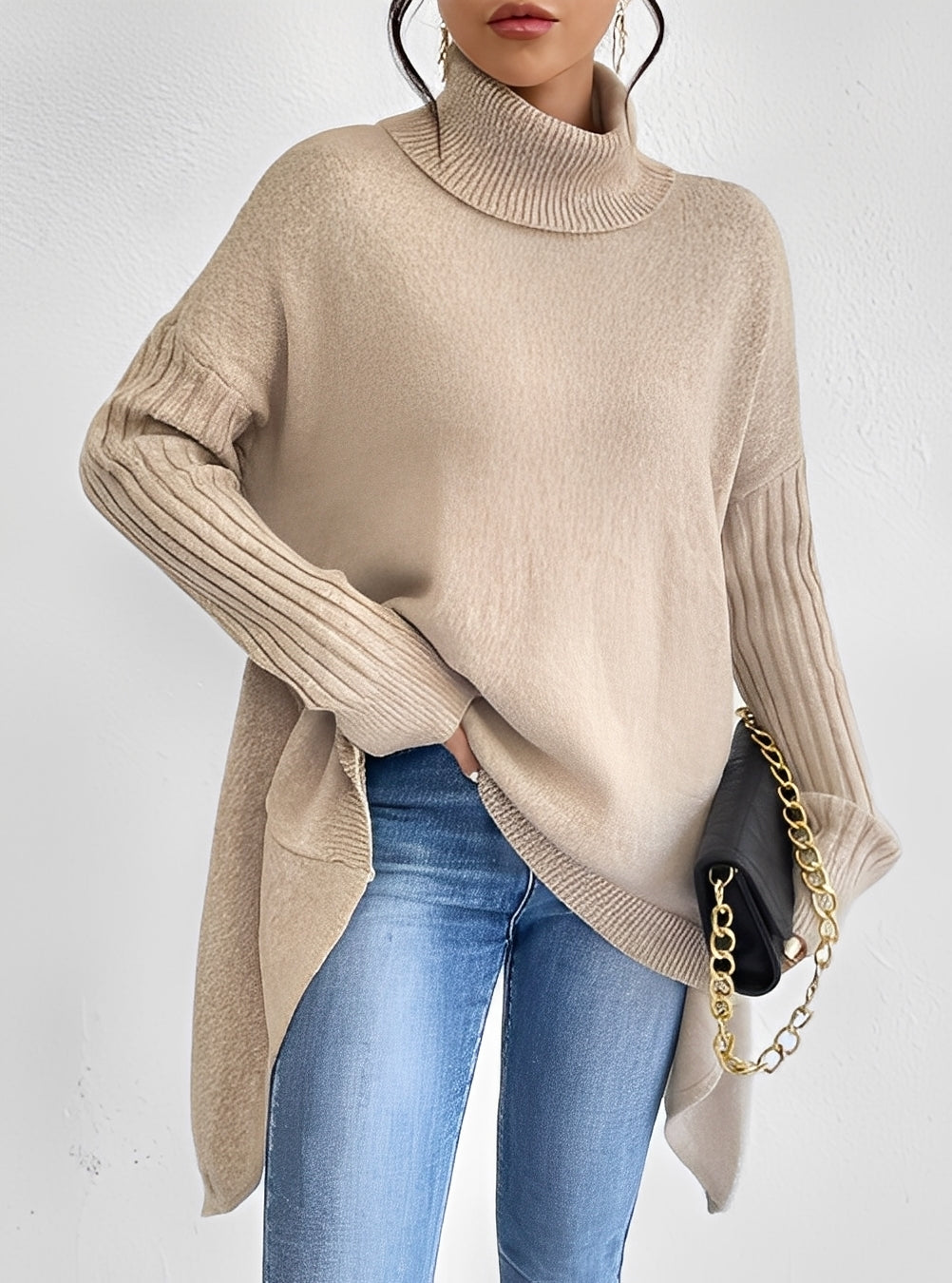R&B | Eleganter Langer Damenpullover mit Rollkragen