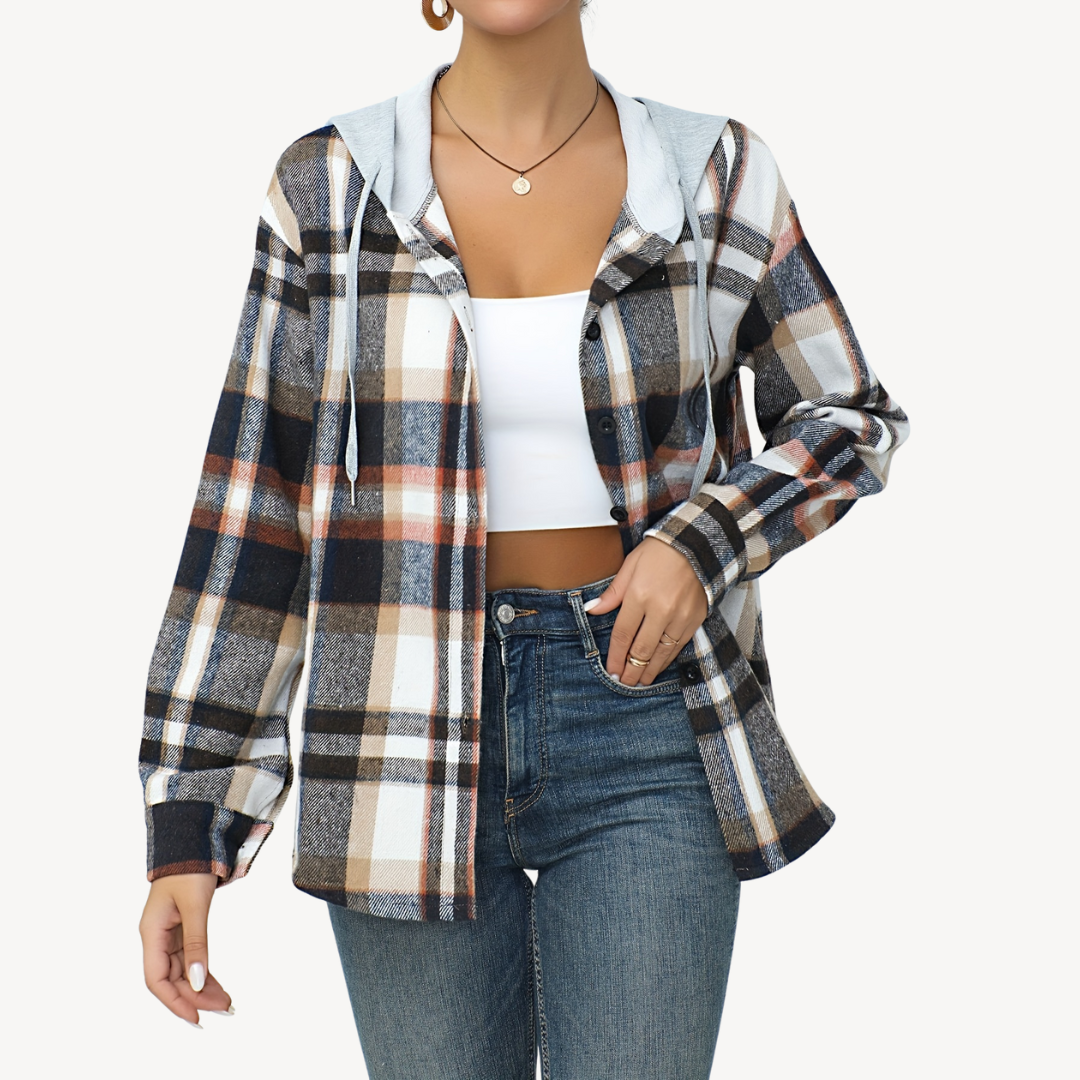 R&B | Damen Karo Button-Down Shaket mit Kapuze