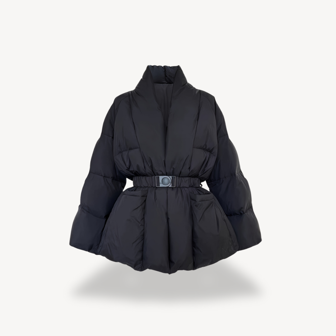 R&B | Damen Schwarze Pufferjacke mit Gürtel – Polyester