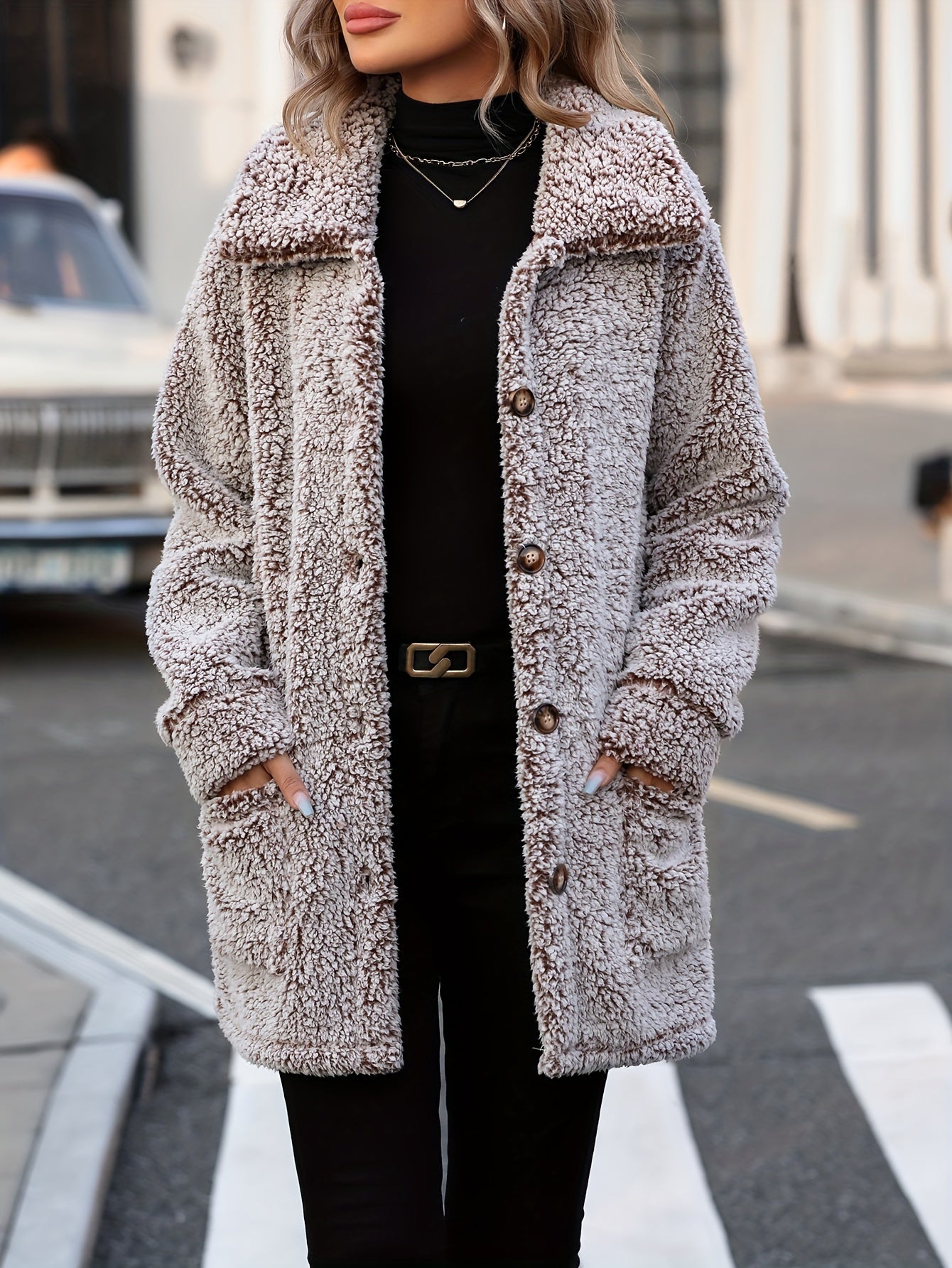 R&B | Lange Teddyjacke mit Knöpfen Polyester Komfortabel und Warm