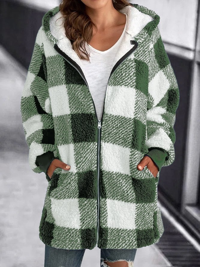 R&B | Weiche Damen Karierte Fleece Kapuzenjacke
