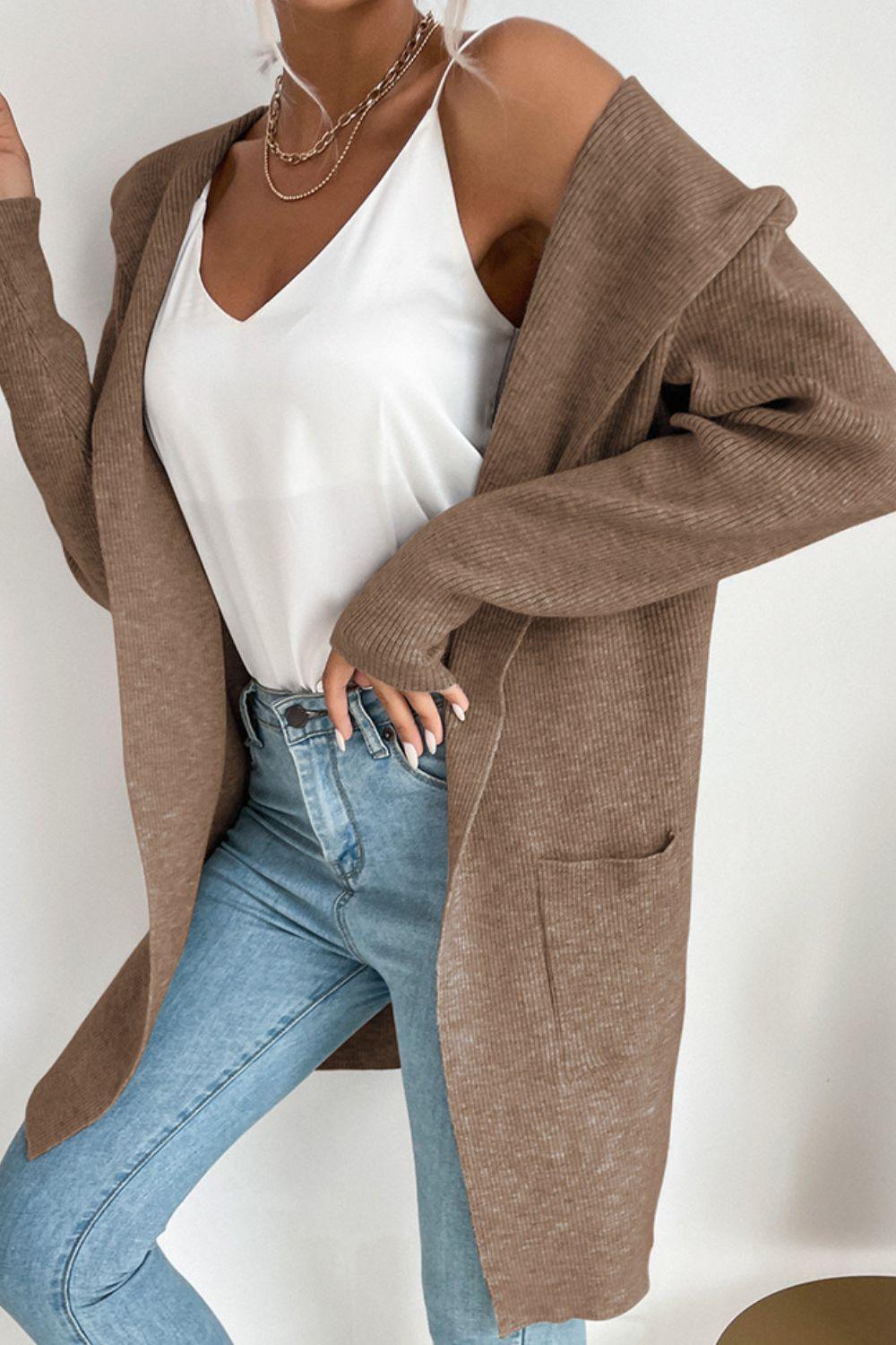 R&B | geripptes offen-front Cardigan mit Kapuze und Taschen