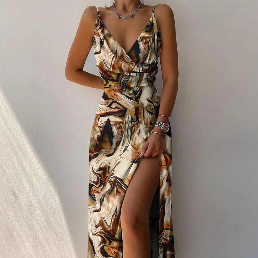 R&B | Kleid mit Hosenträgern und V-Ausschnitt mit geteiltem Print