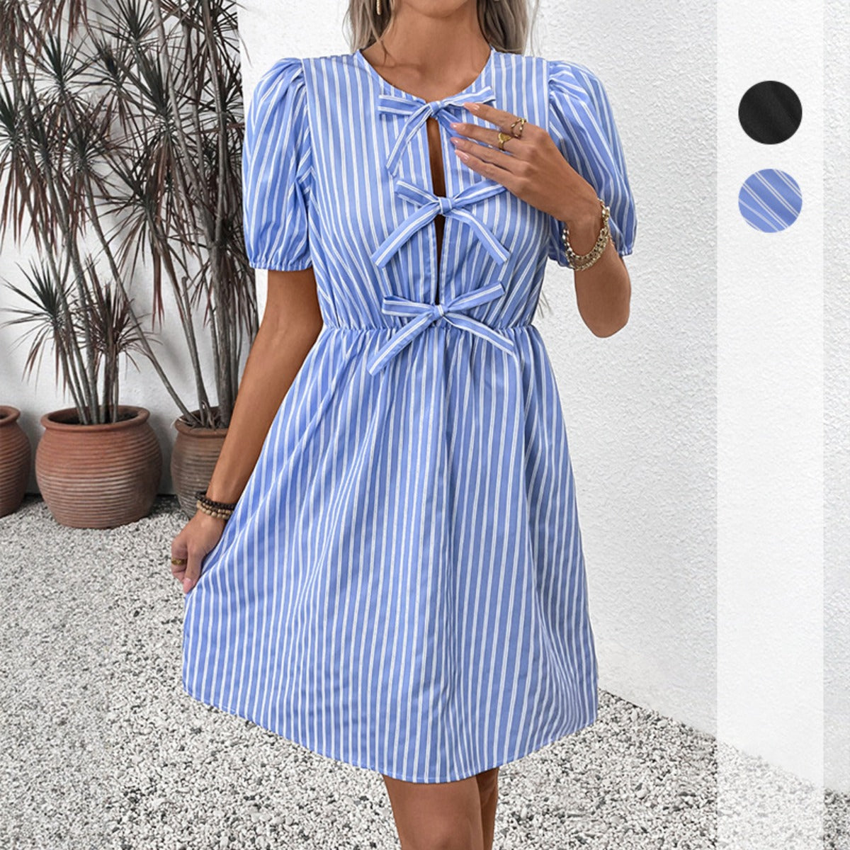 R&B | Gestreifter Rock Rundhalsausschnitt Schleife Krawattenkleid