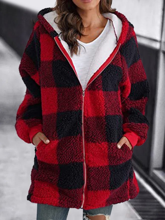 R&B | Weiche Damen Karierte Fleece Kapuzenjacke