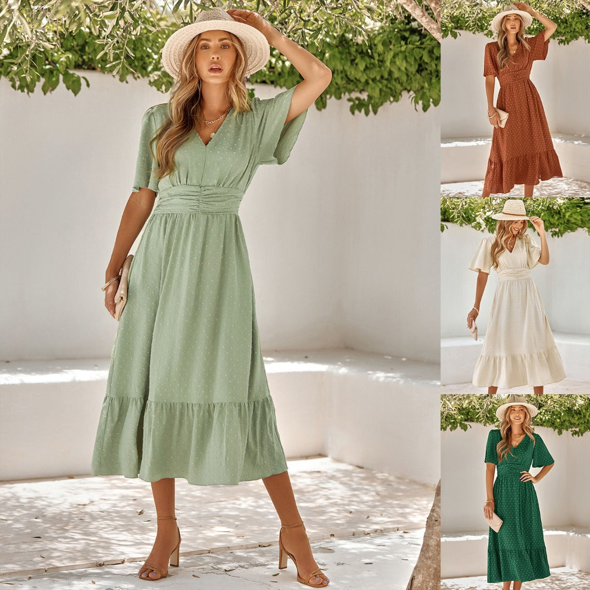 R&B | V-Ausschnitt Lotusblatt Ärmel solide Farbe Kleid Frauen
