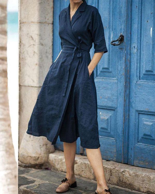 R&B | Baumwoll-Leinen Gürtelkragen Kleid