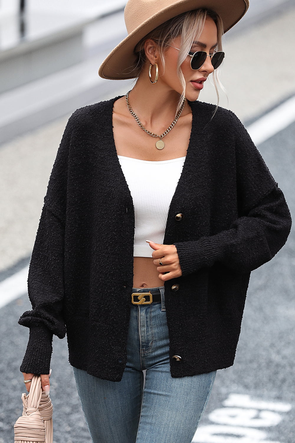 R&B | Knopfleiste Cardigan mit fallen Schultern