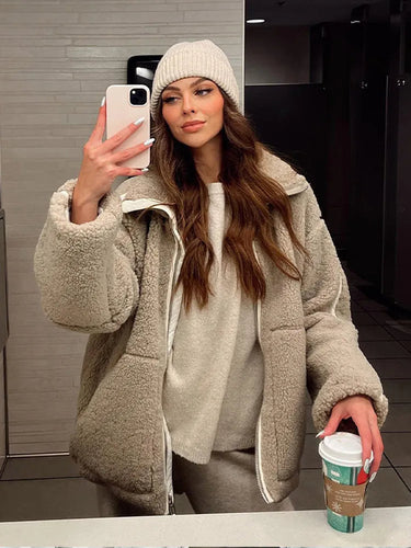 R&B | Teddyjacke Übergröße Passform Weiches Fleece Hochkragen Reißverschluss Closure