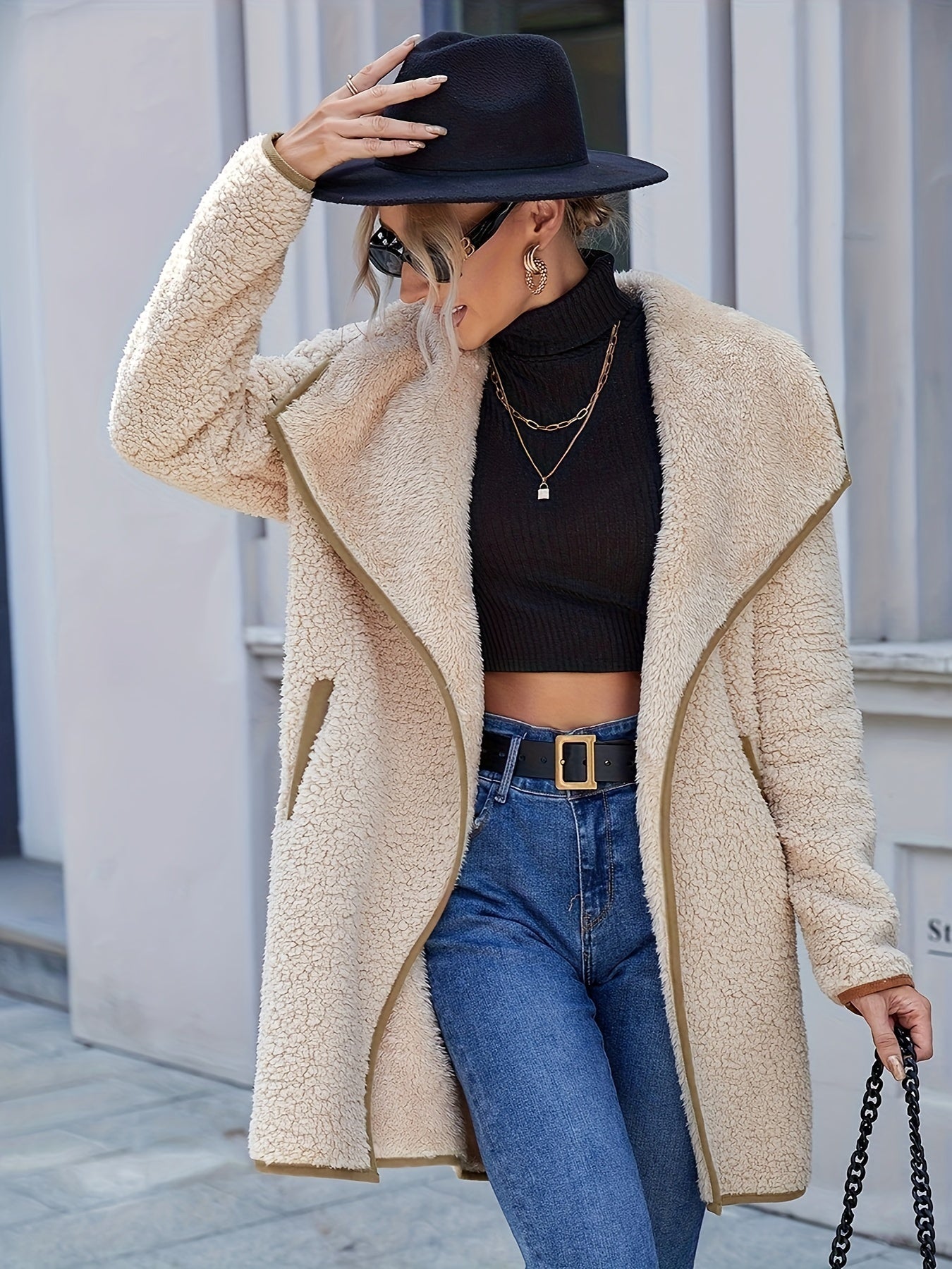 R&B | Lässige Teddyjacke mit Offener Kragen Polyester Komfort und Stil