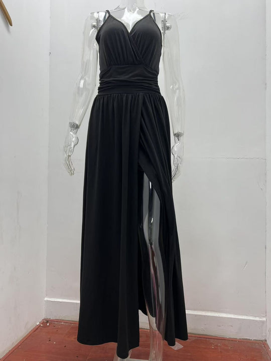 R&B | V-Ausschnitt Hosenträger ärmellos sexy rückenfreies farblich passendes Kleid