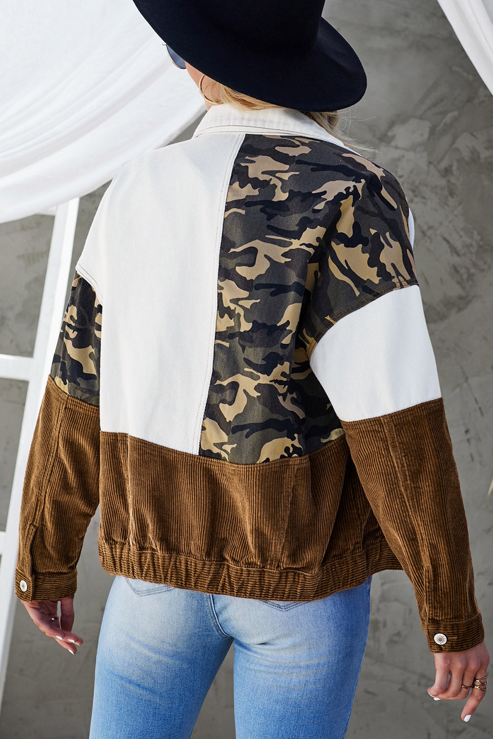R&B | Leopard Farbblock Knopfleiste Cord Baumwolljacke