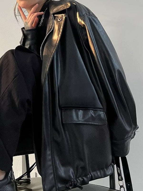 R&B | Oversized Schwarzer Veganer Lederjacke mit Reißverschluss