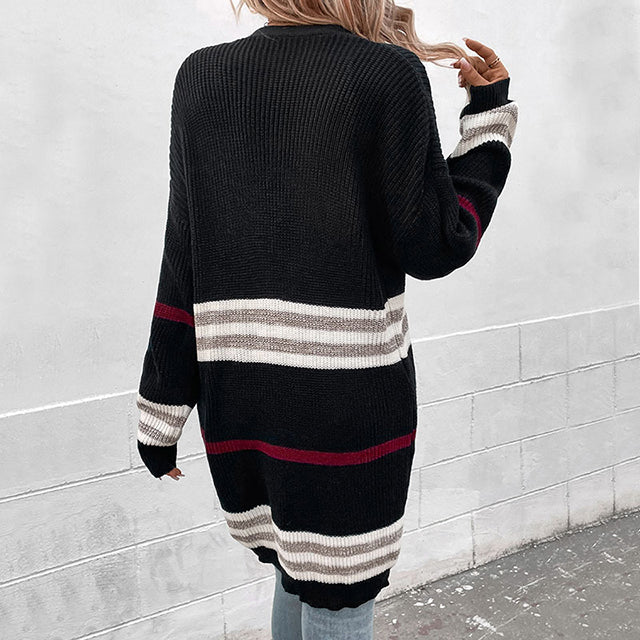 R&B | Lange Strickjacke Polyester Schwarz, Gestreift, Komfortabel