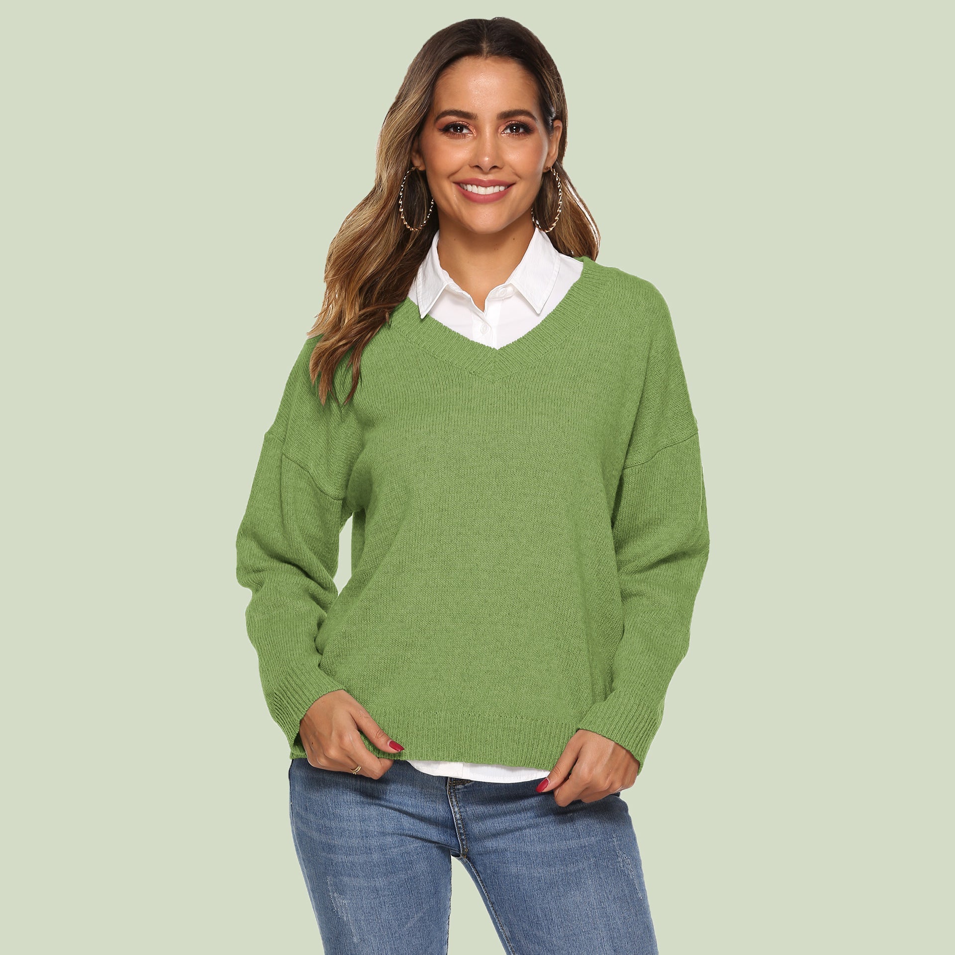 R&B | Strickpullover V-Ausschnitt Lockere Passform Lange Ärmel Weich und Bequem