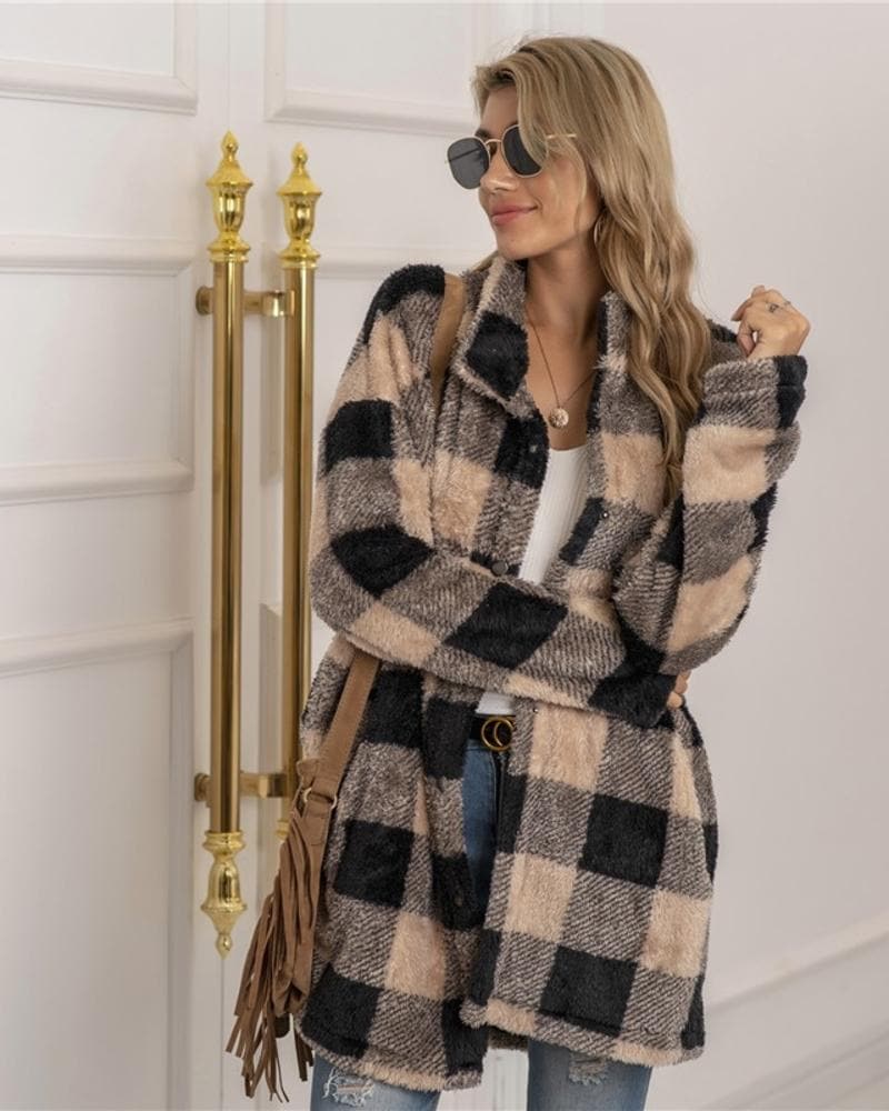 R&B | Mantel Übergröße Soft und Warm Kariertes Muster Knopfverschluss