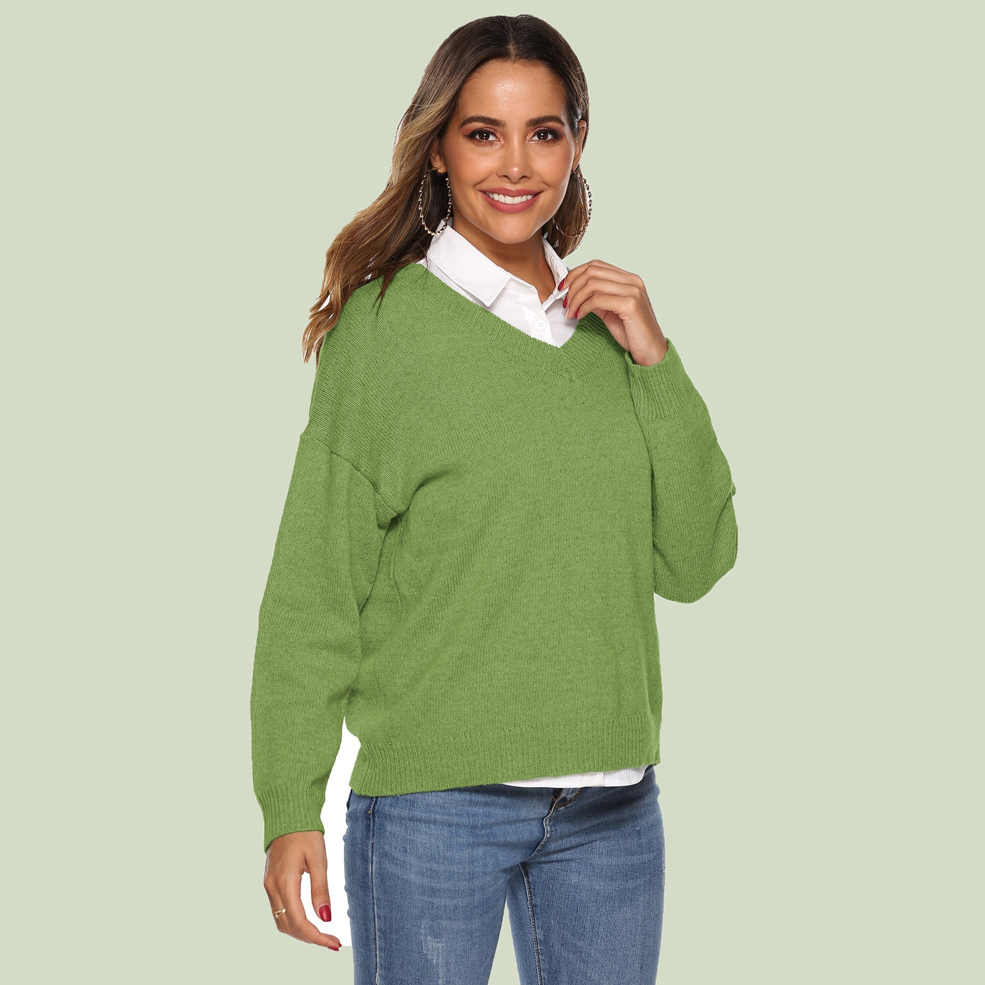 R&B | Strickpullover V-Ausschnitt Lockere Passform Lange Ärmel Weich und Bequem