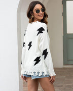 R&B | Strickpullover Lockere Passform Blitzmuster & Fransen Saum