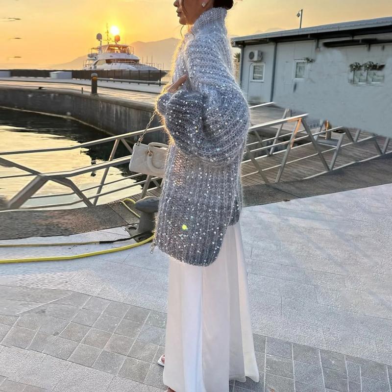 R&B | Strickpullover mit Pailletten Ballonärmel Elegant und Handstrick-look