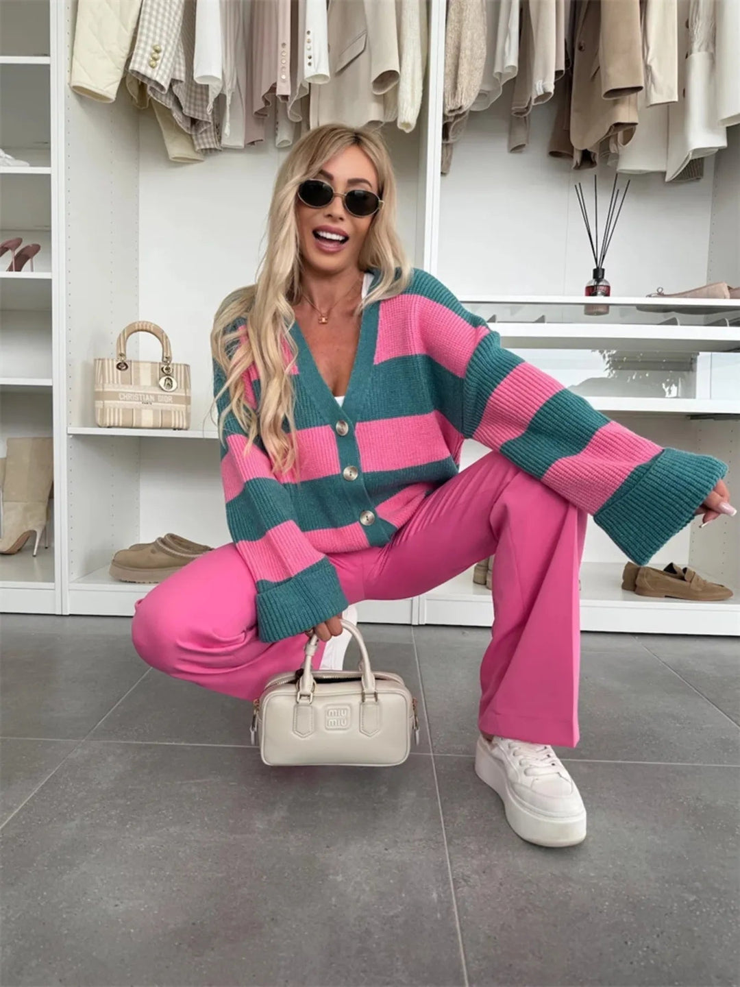 R&B | lässige gestreifte Strickjacke mit V-Ausschnitt