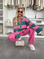 R&B | lässige gestreifte Strickjacke mit V-Ausschnitt