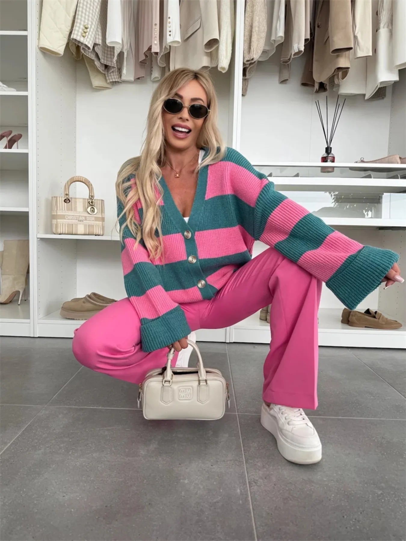 R&B | lässige gestreifte Strickjacke mit V-Ausschnitt
